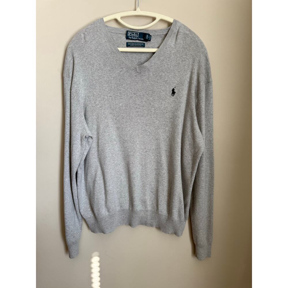 Vintage Y2K Polo Ralph Lauren Gray Pima Cotton V-Neck Sweater‎ Size Large Preppy